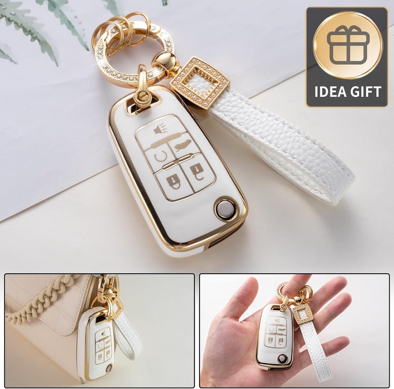 CACARLIKE for Chevy Key Fob Cover with Leather Lanyard, Car Key Fob Case Compatible with Chevrolet Equinox Camaro Cruze Malibu Sonic Smart Key Protector Holder - Image 5